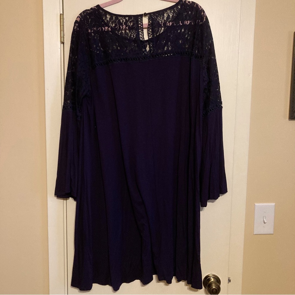 Just Found navy tunic dress with lace detail and bell long sleeve